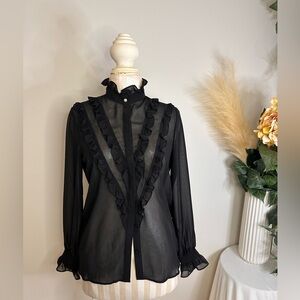 BLUE GIRL FOLLIES Black Sheer Ruffle and Pearl Detail Top‎ Sz IT 40 NWT A 0268